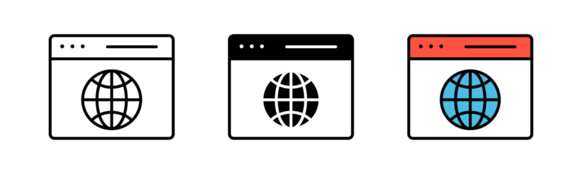 Browser Icon - Outline Stroke, Glyph Black Fill and Color Fill with Stroke Vector Isolated on White Background