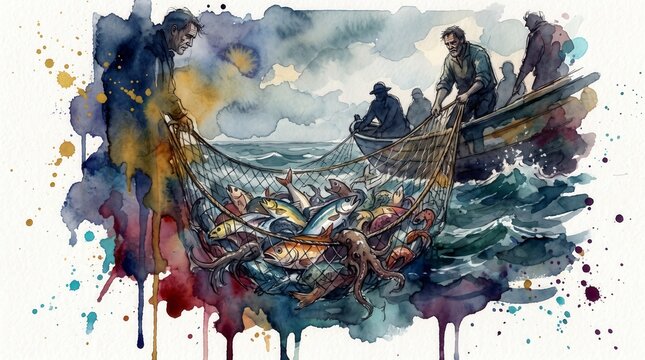 Fishermen dragging a net full of fish from the sea. Watercolor illustration of the Kingdom Parables. Biblical theme of the dragnet. Maritime scene with boat