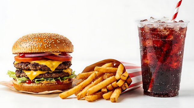 Fast food meal with burger, fries, and soda