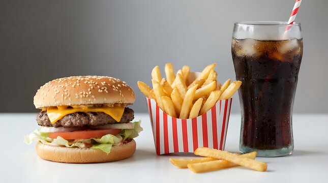 Fast food combo with cheeseburger, fries, and soda