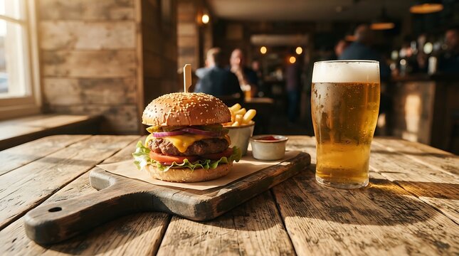 Delicious burger with fries and beer on wooden table in pub
