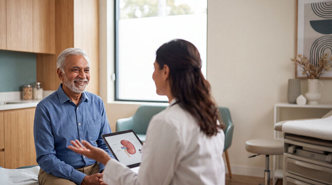 Smiling senior man sitting in a medical clinic while a female doctor explains a kidney diagram on a digital tablet
