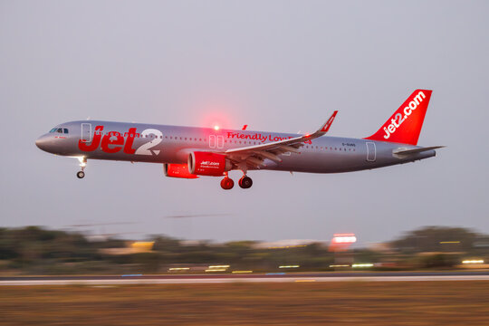 Luqa, Malta - July 18, 2026; Jet2 Airbus A321-251NX (REG: G-SUNS) landing from Birmingham as flight LS1233, around 30 minutes after scheduled time.