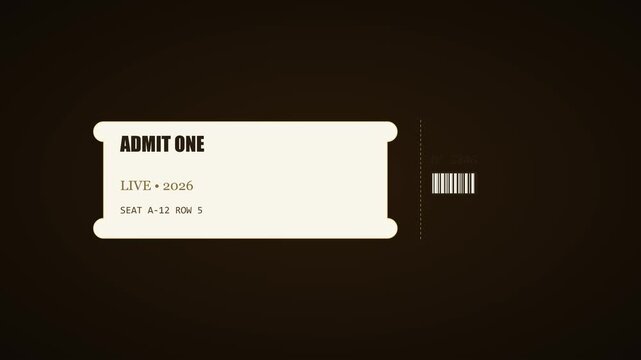 Admit one live event ticket motion with barcode and seat information animation 4k concert