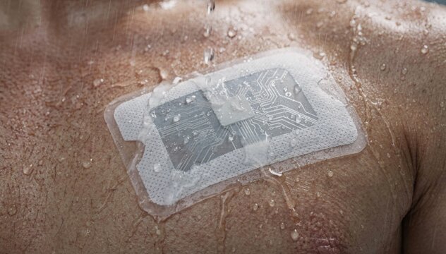 Medium shot of a waterproof cardiac patch being tested under water droplets showcasing durable yet flexible sensor integration on breathable materials ideal for active wet