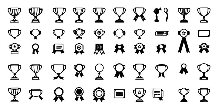 Collection of 24 distinct award and trophy icons arranged in a 4x6 grid, featuring various styles such as trophies, medals, ribbons, and certificates. The icons are in a minimalist, flat design wit...