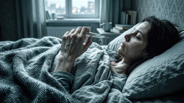 Woman Sick In Bed Checking Temperature With Thermometer Under Blanket