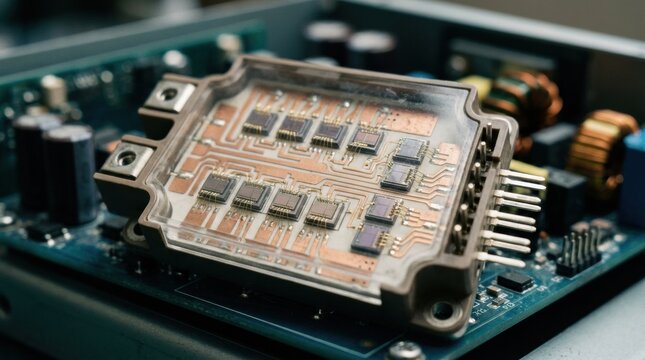 Medium view focusing on compact MOSFET array packaging showcasing dense component arrangement and insulated substrate design for efficient power switching.