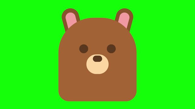 Cute cartoon bear face animation with green screen background.
