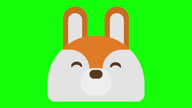 Cute cartoon fox face animation on green screen background.