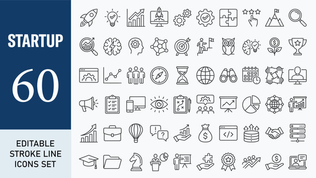 Startup Line Editable Icons set. Vector illustration in modern thin line style of business related icons: startup, money, company, development, research, growth, management, innovation, funding