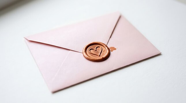 Pink envelope with heart shaped wax seal on white background