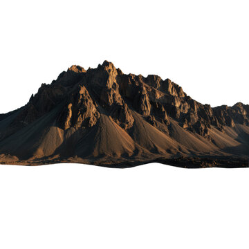 Majestic rugged volcanic mountain with sharp peaks and obsidian crevices, transitioning to pristine desert sand dunes, dramatic golden hour light, geological power concept