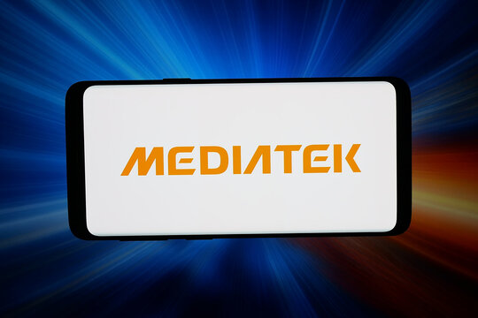 Stuttgart, Germany - 07-15-2026: In this photo illustration, the logo of Taiwanese semiconductor company MediaTek Inc. is displayed on a smartphone in front of abstract background on computer screen.