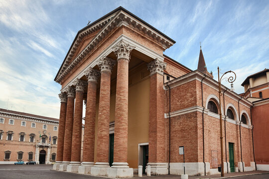 Forli, Emilia-Romagna, Italy: The neoclassical facade and portico of the Cathedral of Santa Croce, the historic catholic Duomo of the city