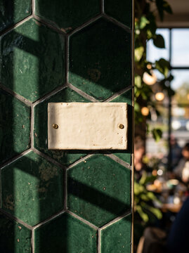 Blank Horizontal Plaque Sign Board Mockup Green Tile Wall