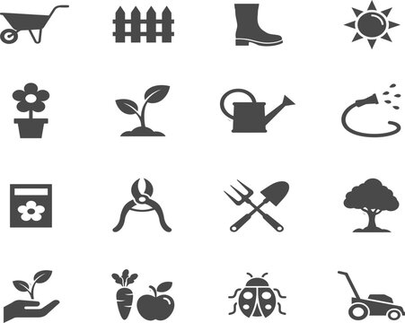 Gardening icon set for landscaping. Vector symbols for agriculture and plant care.