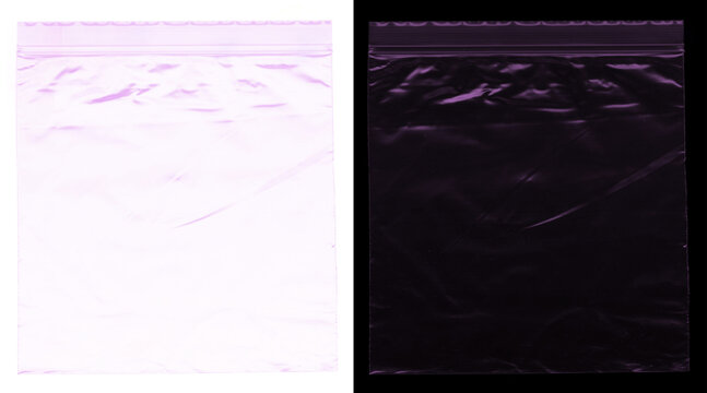 Transparent plastic texture overlay, wrinkled polyethylene bag surface, clear zip lock packaging material on white and black background
