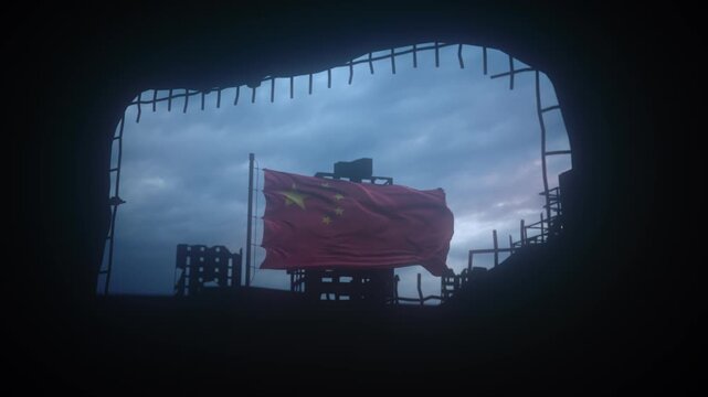 Cinematic Chinese Flag Surrounded by Silhouetted War-Torn Buildings