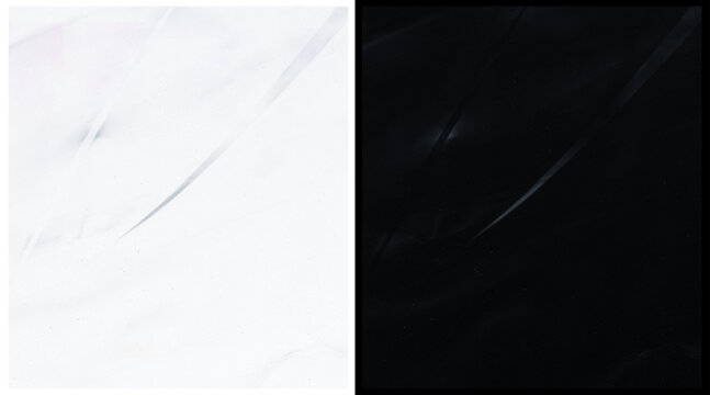 Minimalist plastic texture background, crumpled white and black polyethylene film overlay, abstract wrinkled synthetic material surface for design