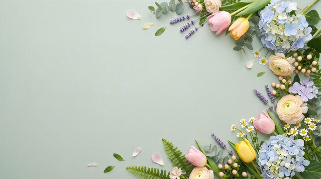 Spring floral frame with tulips, hydrangeas, ranunculus and lavender on a soft green background