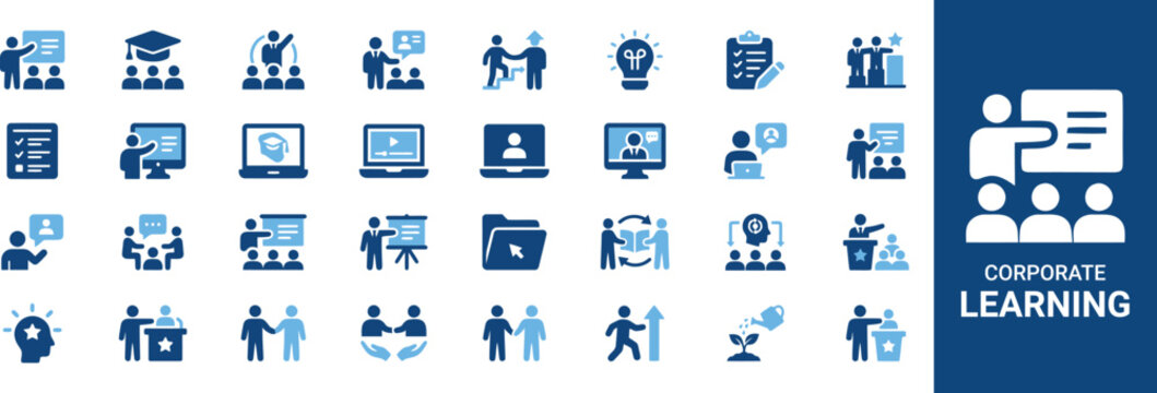Corporate Learning Icon Set Featuring Employee Training, Online Learning, Team Development, Knowledge Sharing, Leadership, And Professional Education Vector Illustration