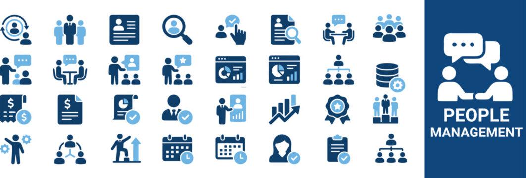 People Management Icon Set Featuring Human Resources, Employee Management, Team Leadership, Workforce Planning, Performance, And Recruitment Vector Illustration