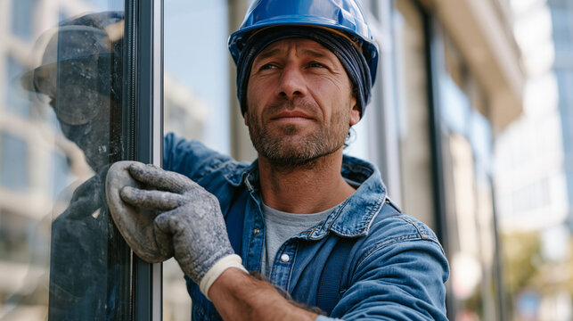 Glazier installing tempered glass panel into modern curtain wall facade on occupied office building, suction cup handling tools in use, safety harness clipped to overhead track,