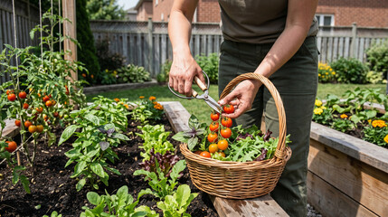 Fototapeta premium Raised bed garden harvest: tomatoes, herbs and greens in a woven basket