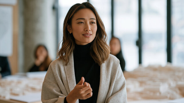 Young Filipino architect presenting scale model of mixed-use coastal community development to municipal review panel, rain-streaked conference window behind, detailed hand-built