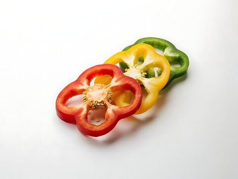 Colorful fresh bell pepper slices arranged in a vibrant manner on a clean surface