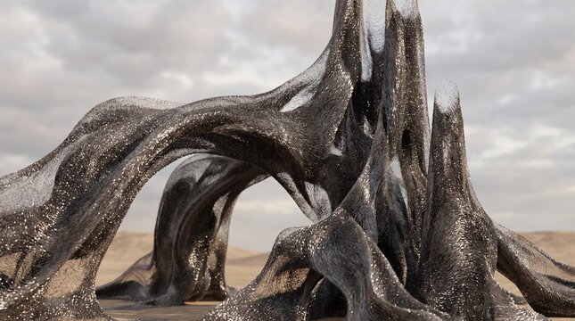 Weathered driftwood sculpture on a sandy beach with cloudy sky.