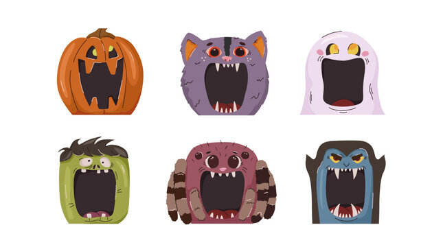 Halloween concept. Cute, spooky monsters with wide-open mouths. Flat vector illustration on a white background