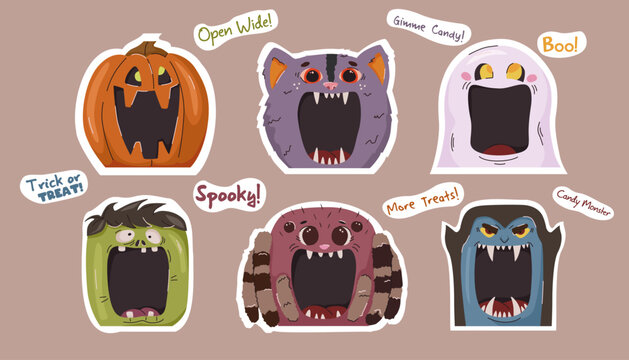 Halloween sticker pack. Head of a creepy monster with its mouth wide open. Halloween stickers. Flat vector illustration.