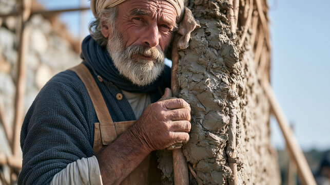 A wattle-and-daub construction specialist presses wet clay mixture into a hazel lattice frame on a heritage building restoration site in a quiet rural village, ancient building