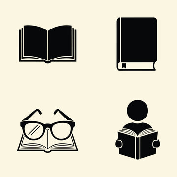 Reading and literature icons open book stack glasses and reader silhouette