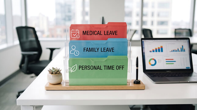 Medical leave family leave and personal time off file folders organized on white office desk with laptop showing business analytics in contemporary corporate workspace.