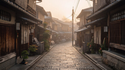 Fototapeta premium Narrow stone paved alleyway in historical district of kyoto during misty morning light featuring traditional wooden merchant houses and minimalist bonsai decor along quiet residential street.