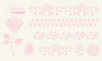 Naklejka na ściany i meble Cross floral border set with roses, leafy branches and vintage embroidery motifs. Decorative pixel mosaic ornaments inspired by traditional cross stitch patterns in a romantic vintage style
