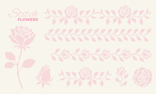 Cross floral border set with roses, leafy branches and vintage embroidery motifs. Decorative pixel mosaic ornaments inspired by traditional cross stitch patterns in a romantic vintage style