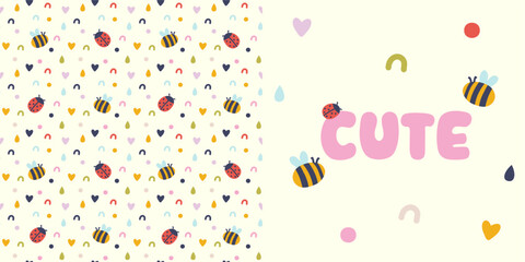 cute bumblebee and ladybug set and seamless pattern vector: hand-drawn honey bee, ladybird, hearts, and cute text illustration on cream background for nursery decor, baby apparel, and kids packaging. © Oleksandra Mur