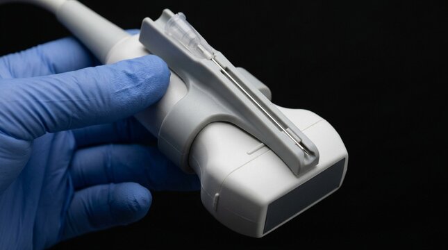 Biopsy guidance attachment fitted onto an ultrasound transducer probe - Medical Imaging & Radiology Equipment Stock Photo