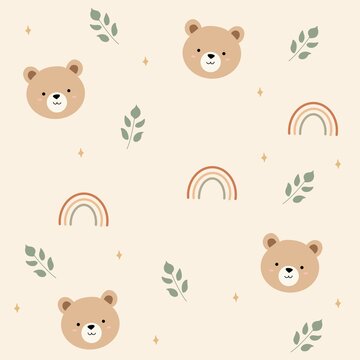 Cute Teddy Bear Seamless Pattern with Rainbow and Leaves for Kids