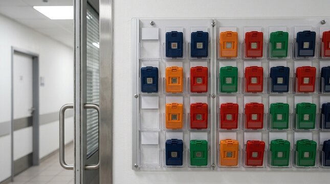 Exchange rack for radiation dosimeter badges mounted beside a department entrance - Medical Imaging & Radiology Equipment Stock Photo