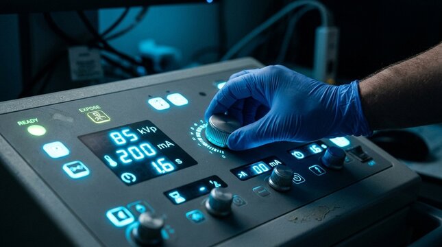 Exposure parameter panel glowing on the radiography acquisition console - Medical Imaging & Radiology Equipment Stock Photo