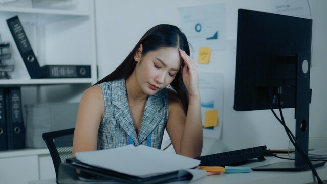 Working, woman, and office scene featuring folder and overworked in a contemporary setting, document, employee, documentation, report, invoice, businessperson, paperwork, person, job.