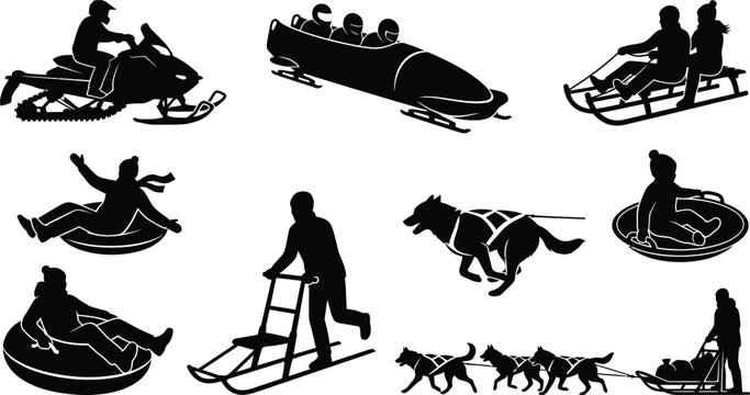 Winter Sports and Snow Recreation Silhouette Bundle Featuring Snowmobile Bobsled Sledding Snow Tubing Dog Sledding and Kick Sled Vector Set