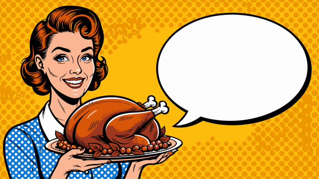 Thanksgiving Vintage pop art woman holding roasted turkey with blank speech bubble for message isolated on yellow halftone background vector