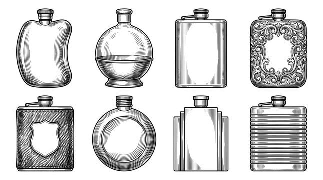 Vintage Engraved Hip Flask Vector Illustration Set