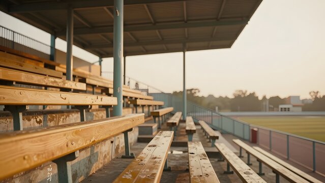 012. [STYLE] of a retro-style stadium grandstand showing wooden bench rows and cast-iron pillars with peeling paint and aged timber textures, nostalgic late-afternoon light with film-like warmth, fade